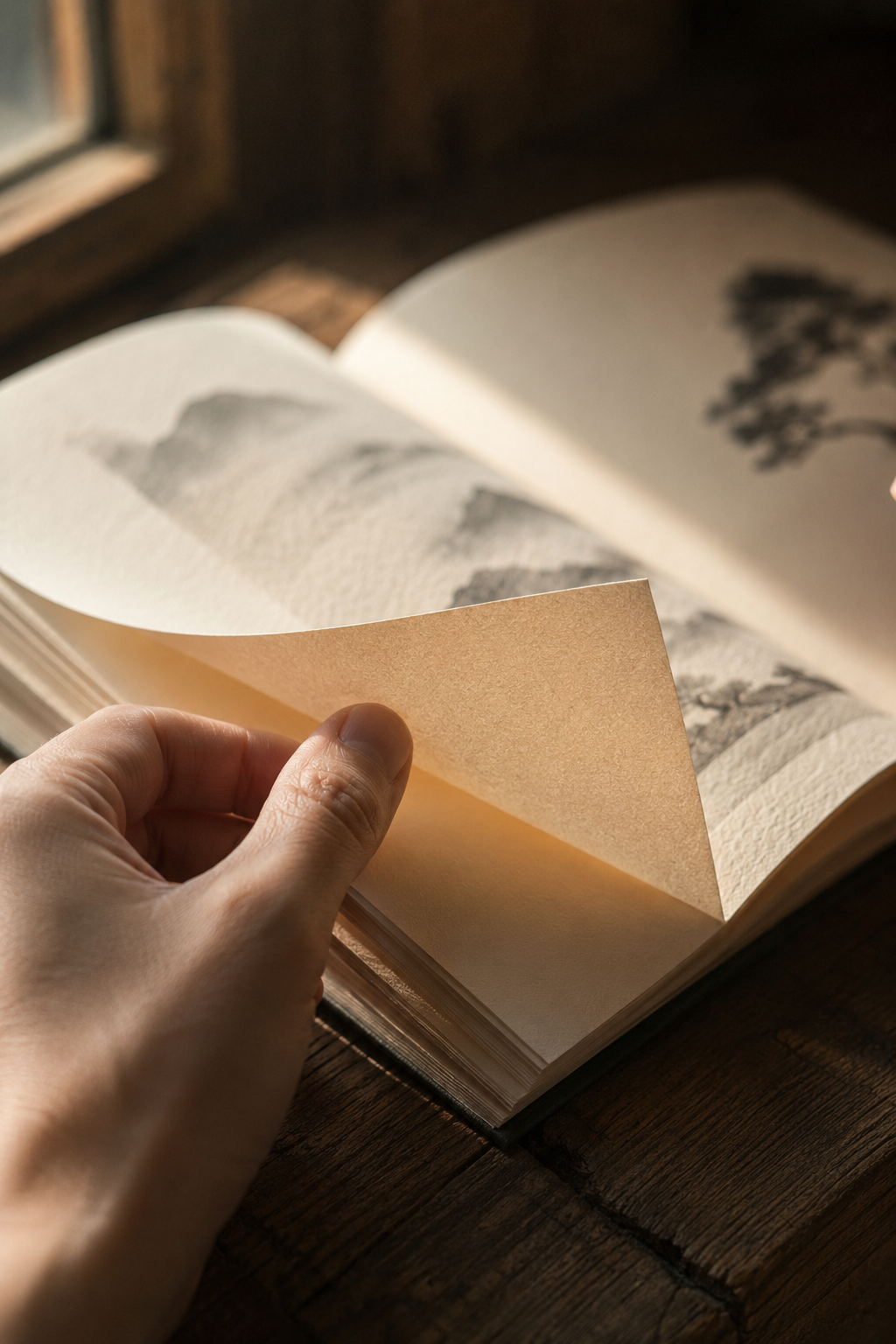 冊子のページをめくる指と紙の反り
